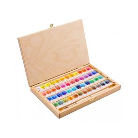 Luxusní dárková sada 48 kusů mistrovských akvarelových barev White Nights v dřevěné březové kazetě.