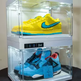 Rare sneakers in display boxes for Giveaway at Oxford social club in San Diego