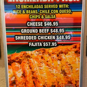 New enchilada pack! Comes with a dozen enchiladas, rice, beans and a large queso or chips & salsa!