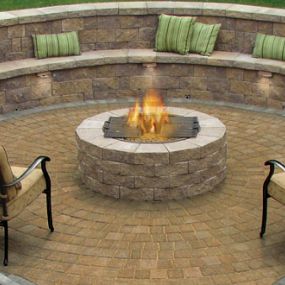 Fire pit, round stone seating on paver deck