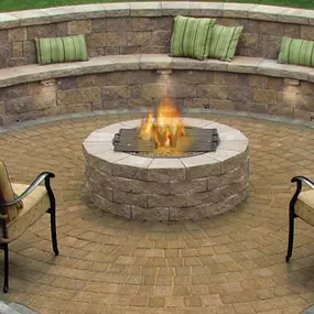 Fire pit, round stone seating on paver deck