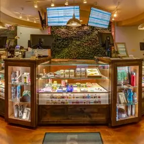 Display and butender counter at Lightshade recreational marijuana dispensary in Aurora, CO