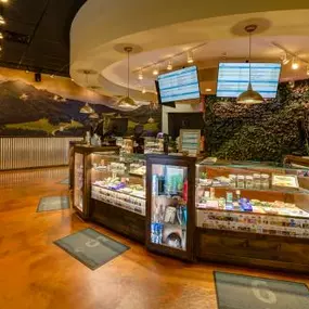 Display and butender counter at Lightshade recreational marijuana dispensary in Aurora, CO