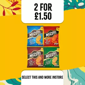 2 for £1.50 on mccoy's crisps at select convenience