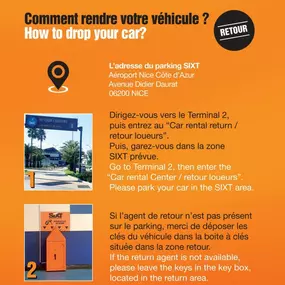 Détails retour agence T2 SIXT Nice aéroport / Return SIXT Nice Airport T2