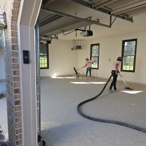 The ladies are getting this floor prepped for the polyaspartic top coat on this beautiful High Performance Commercial grade epoxy floor with Iced Coffee flake in Williamsport!