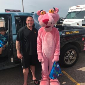 Tea parade in 2019, our good friend the Pink Panther from Owens Corning rode with us in the parade!