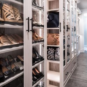 Shoes, shoes, shoes! If you have a large collection and struggle to find the right pair, try this shoe display case in your closet. You’ll find the perfect pair to go with that dress! #TailoredLivingNorthTampa #FreeConsultation #ClosetOrganization #TailoredToYourNeeds