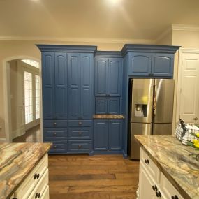 New Cabinetry with Blue Pantry Hutch and Granite Install