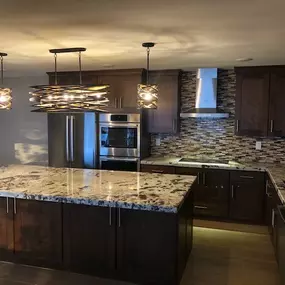 Updated Kitchen Remodel Transitional Lighting over Island