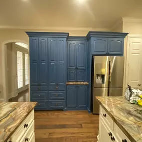 New Cabinetry with Blue Pantry Hutch and Granite Install