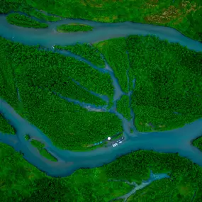 An aerial shot of the Kanektok River in Alaska during a float fishing trip through High Country Guide Service located in Boone, NC.