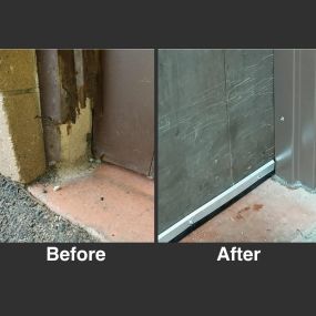 A local business was concerned about raccoons and rodents. We custom fabricated the metal door frame wrap and the crawl space entry access. An Xcluder door sweep was installed. The bottom of the concrete stoop/steps was an entry point that was excluded using Pest Blok.