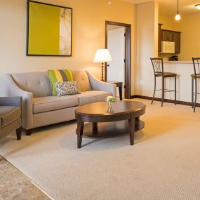 These spacious apartments provide window treatments and beautiful nine-foot ceilings inside a Redwoods Senior Apartment.