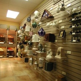 The urns and caskets room at McKenzie Mortuary Services