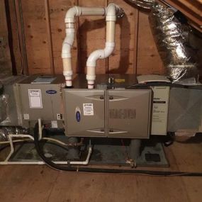 Carrier 96.7% AFUE 100000 BTU gas Furnace installed in an attic in Fairfield, CT.