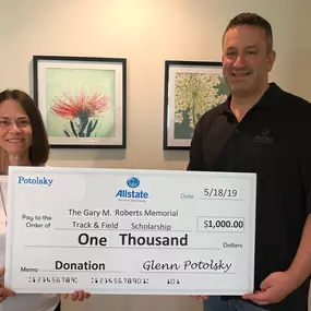 In May 2019, our Allstate agency was proud to show our support for The Gary M. Roberts Memorial Track & Field Scholarship with this donation.