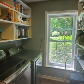 Check out this laundry room before and after! We installed new Shelves to cut clutter and keep everything organized. These Oakdale homeowners are thrilled, and you will be, too! #TailoredLivingNianticMystic #GetOrganized #LaundryRoomShelves #OakdaleCT #FreeConsultation