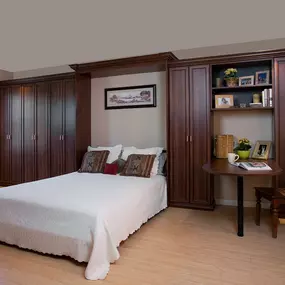 Murphy Beds can provide a bit of elegance when paired with deep cherry cabinets. Live your best life without all the clutter when everything has a place. Our professionals listen to your needs and help you design the perfect storage solutions.