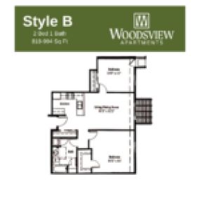 Woodsview Apartments Floor Plan B, Two Bedroom One Bath Apartment in Janesville Wisconsin