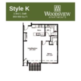 Woodsview Apartments Floor Plan K, One Bedroom One Bath Apartment in Janesville Wisconsin