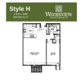 Woodsview Apartments Floor Plan H, One Bedroom One Bath Apartment in Janesville Wisconsin