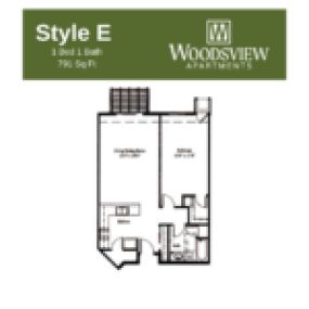 Woodsview Apartments Floor Plan E, One Bedroom One Bath Apartment in Janesville Wisconsin