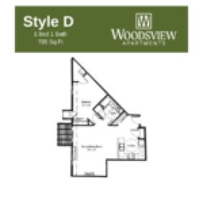 Woodsview Apartments Floor Plan D, One Bedroom One Bath Apartment in Janesville Wisconsin