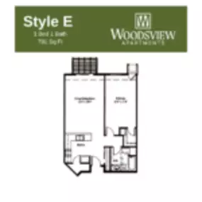 Woodsview Apartments Floor Plan E, One Bedroom One Bath Apartment in Janesville Wisconsin