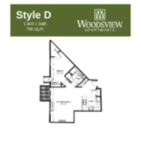 Woodsview Apartments Floor Plan D, One Bedroom One Bath Apartment in Janesville Wisconsin