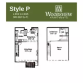 Woodsview Apartments Floor Plan P, One Bedroom 1.5 Bath Apartment in Janesville Wisconsin