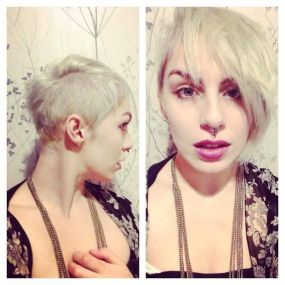 Platinum blonde organic color application and haircut