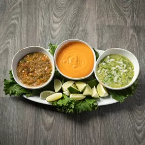 Discover fresh salsas, crafted in-house every morning because bold flavors begin with the freshest ingredients. Can't decide? Enjoy all three with our Salsa Sampler: Classic Green, Smoky Morita, and fiery Atómica.