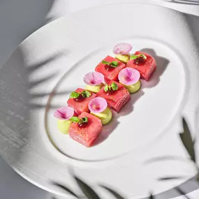 Bluefin Tuna Crudo plated in The Restaurant