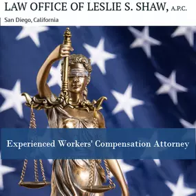 Law office of Leslie S. Shaw, APC in San Diego, CA. Photo of Lady Justice in front of the USA flag. Experienced Workers' Compensation Attorney