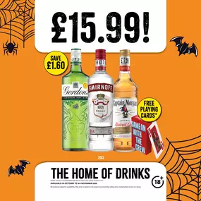 Spirits £15.99 each, free pack of playing cards with purchase of Captain Morgans Spiced rum.
