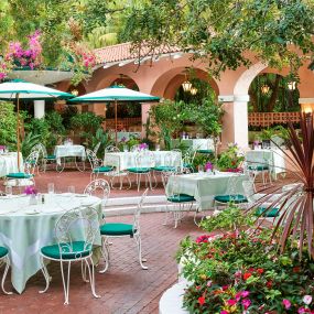 Patio of the Polo Lounge restaurant at The Beverly Hills Hotel