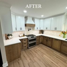 Beautiful two-tone kitchen with wood