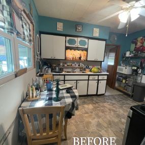 Blue and white Kitchen before our transformation began!