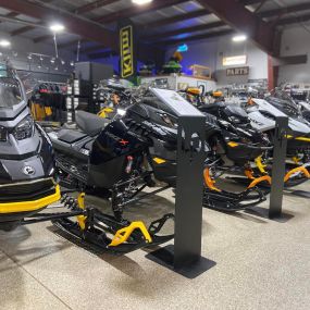 Line of Ski-Doo snowmobiles for sale at Loves Park Motorsports in Roscoe, Illinois