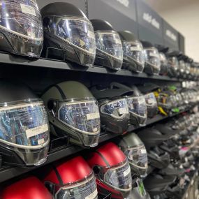 Rows of helmets for sale at Loves Park Motorsports in Roscoe, Illinois