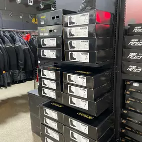 Boxes of boots for sale at Loves Park Motorsports in Roscoe, Illinois