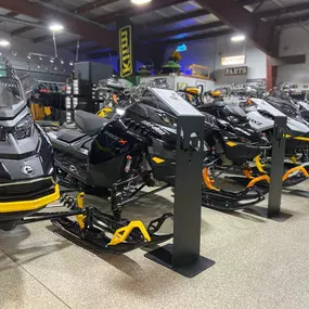 Line of Ski-Doo snowmobiles for sale at Loves Park Motorsports in Roscoe, Illinois