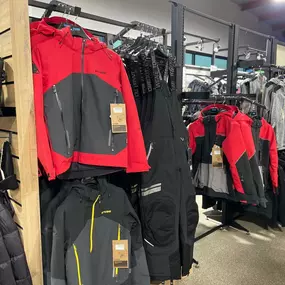 Racks of jackets for sale at Loves Park Motorsports in Roscoe, Illinois