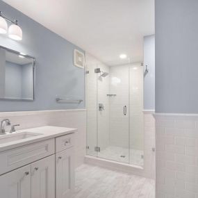 This bathroom remodel is only one part of a large scale conversion of a basement space into a 2200 square foot high end entertainment aquatic exercise, and guest quarters in Malvern PA.