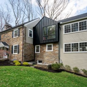 Contemporary colonial in Wayne, PA is a two story addition that completely transformed the house into a modern-esc style.