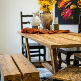 Wood dining set with bench.