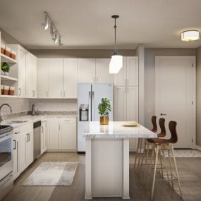 Kitchen With White Cabinetry And Appliances
