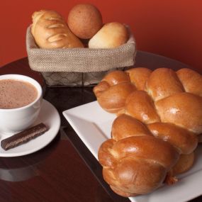 Braided bread and hot chocolate.