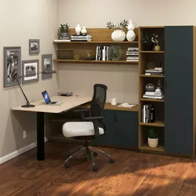 Pre-Designed Home Office, 96-Inch Peninsula, Travertine Desk, Karuna Ash Cabinetry, Midnight Accent Door